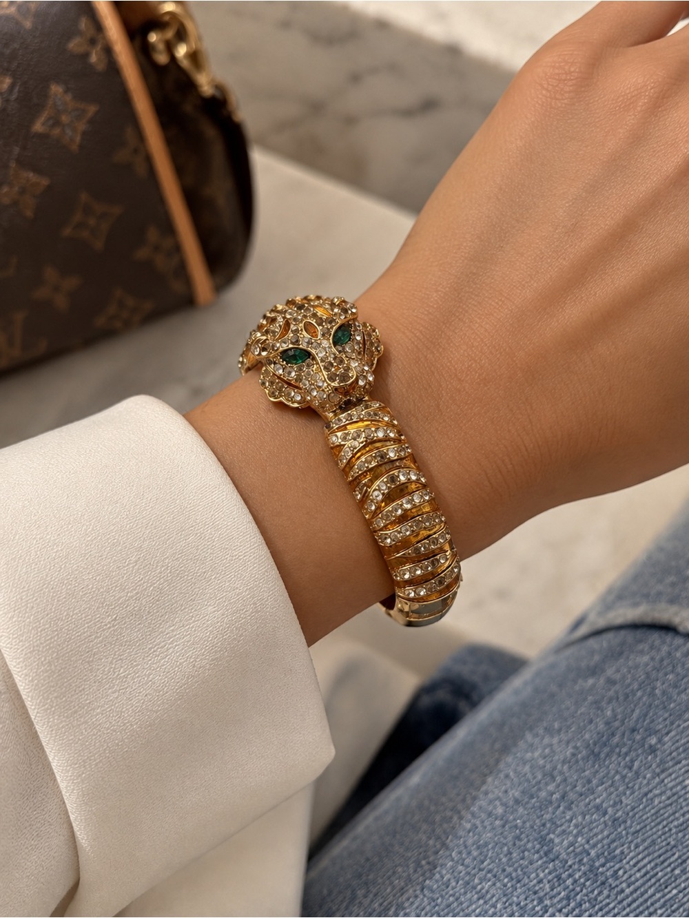 Vintage Gold Tone Crystal Tiger Bangle Bracelet - Women Jewelry